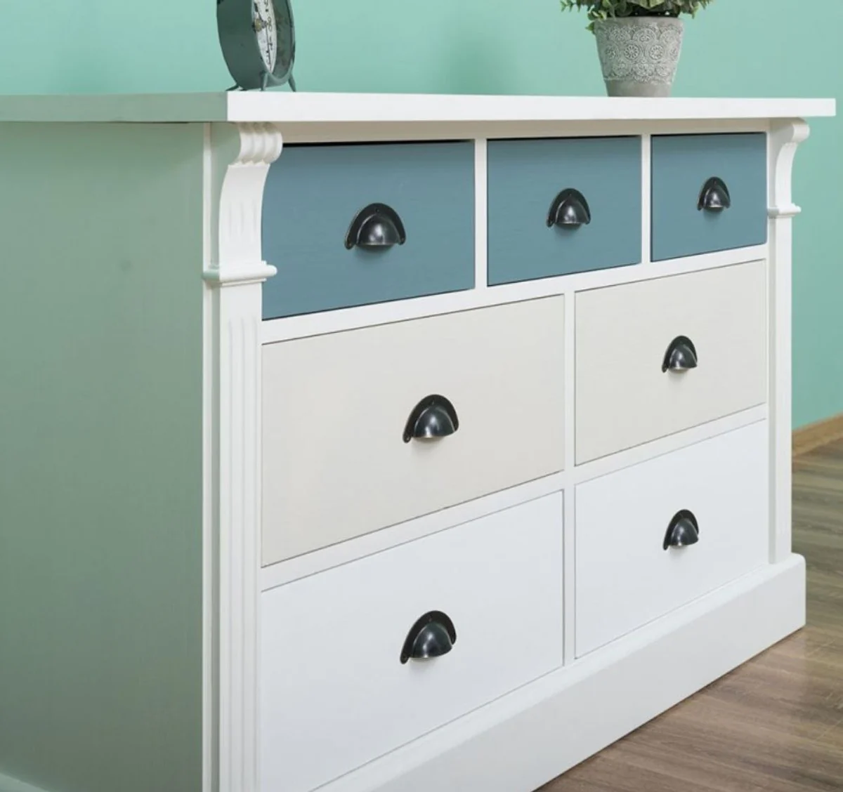 Country house style chest of drawers with 7 drawers white / cream / light blue 122 x 41 x H. 75 cm - solid wood furniture