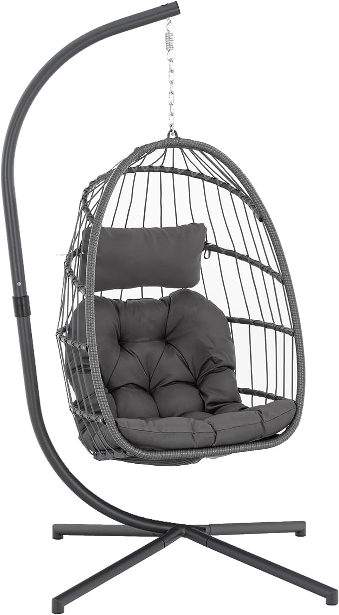 Yechen Indoor Outdoor Egg Hanging Chair mit Stand, Patio Wicker Swing Egg Chair Indoor Swing Chair Outdoor Hammock Egg Chair 350lbs Kapazität für Patio Schlafzimmer Balkon, Charcoal Grey (EG-001)