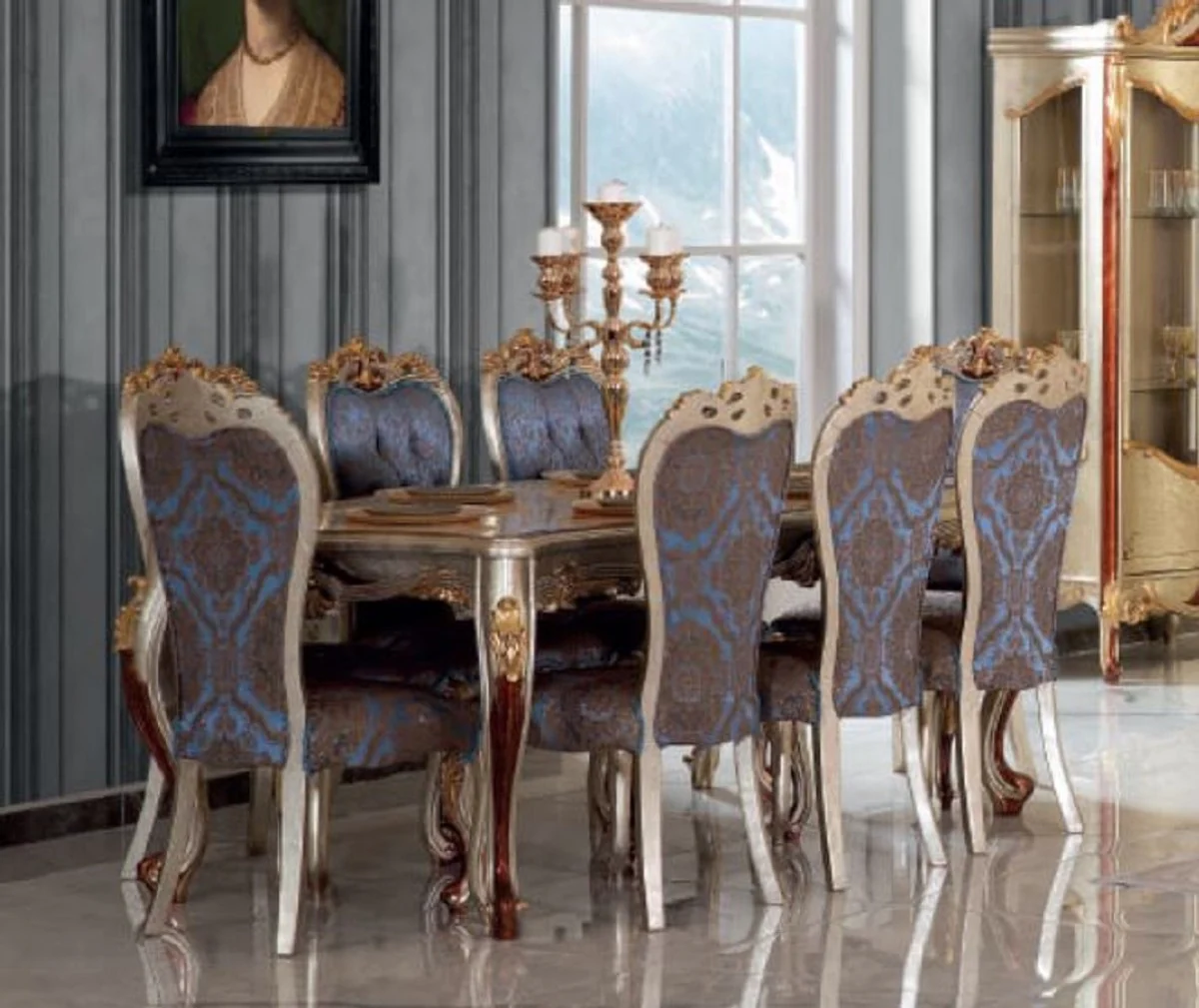 Luxury baroque dining room set blue / silver - 1 dining table & 8 dining chairs - Magnificent dining room furniture in the baroque style