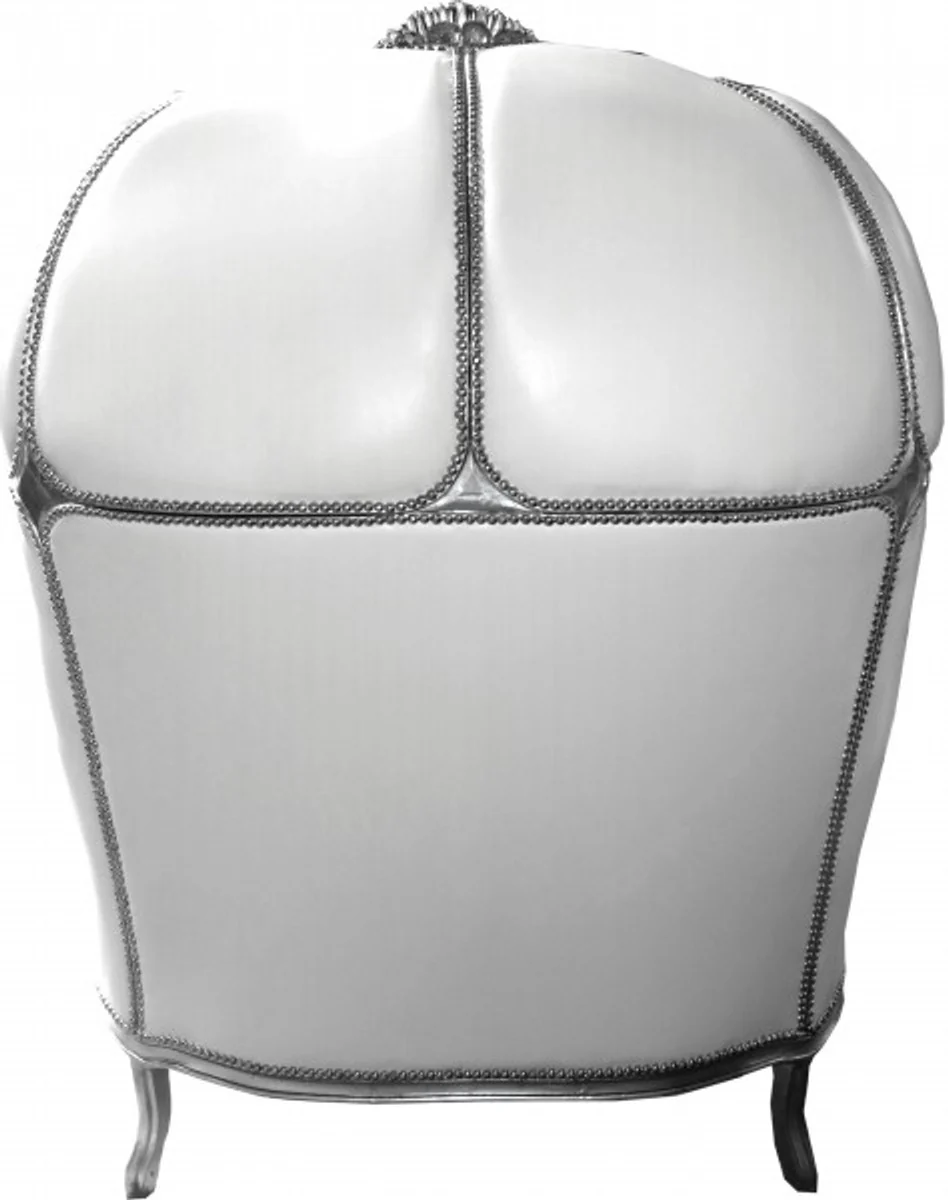 Baroque 2 Seater Balloon Sofa White Leather Look / Silver - Living Room Couch Furniture Lounge Wedding