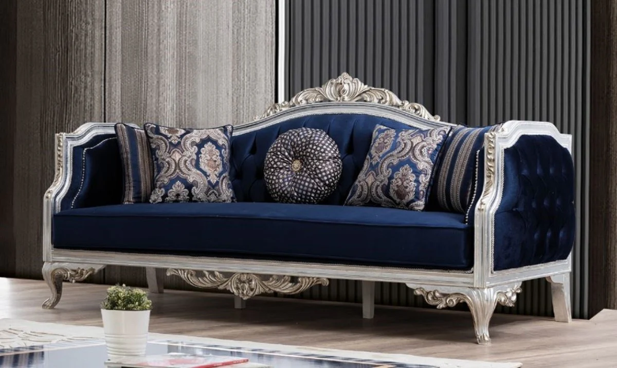 Luxury Baroque Sofa Blue / Silver / Gold 228 x 90 x H. 110 cm - Living Room Sofa in Baroque Style - Baroque Furniture - Noble & Magnificent