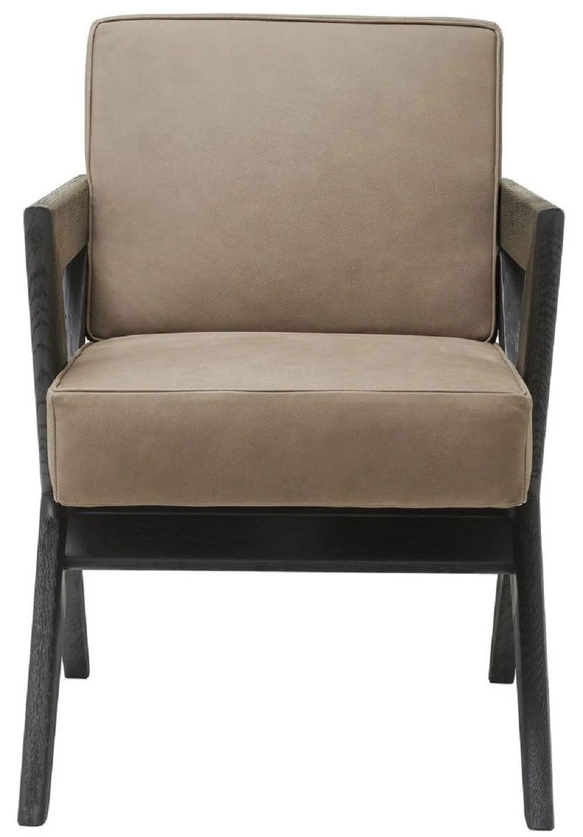 Luxury genuine leather dining room chair with armrests beige / black 59 x 74 x H. 88 cm - kitchen chair with elegant nubuck buffalo leather - luxury dining room furniture