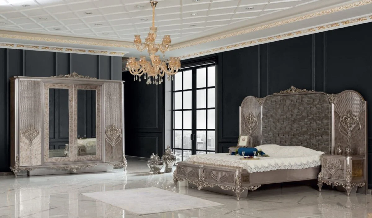 Luxury baroque bedroom set silver - 1 double bed with headboard & 2 bedside tables - bedroom furniture in baroque style - noble and magnificent