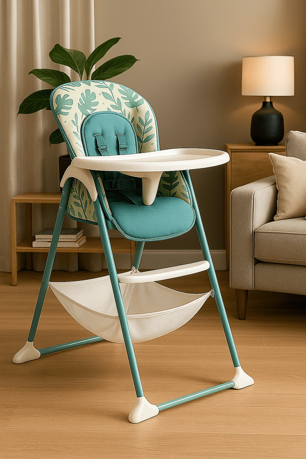 Hochstuhl für Kinder mit abnehmbarem Tablett und Sicherheitsgurt, bis 15 kg, grün gemustert, mit fester Rückenlehne und fester Kopfstütze, geeignet für Kinder von 6 bis 36 Monaten