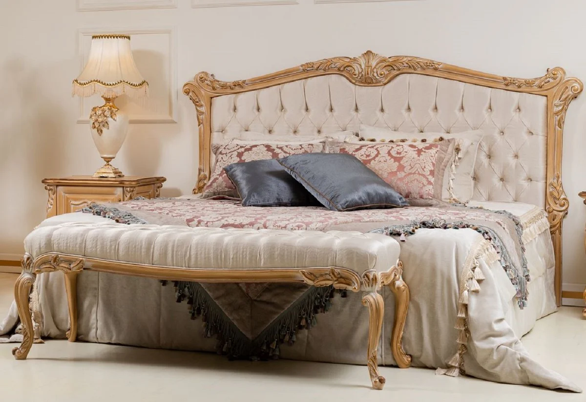 Luxury baroque double bed cream / gold - noble solid wood bed with headboard - magnificent bedroom furniture in the baroque style