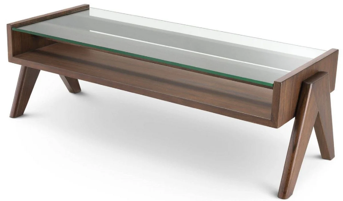 Luxury coffee table brown 120 x 46 x H. 39.5 cm - Rectangular solid wood living room table with glass top - Luxury living room furniture