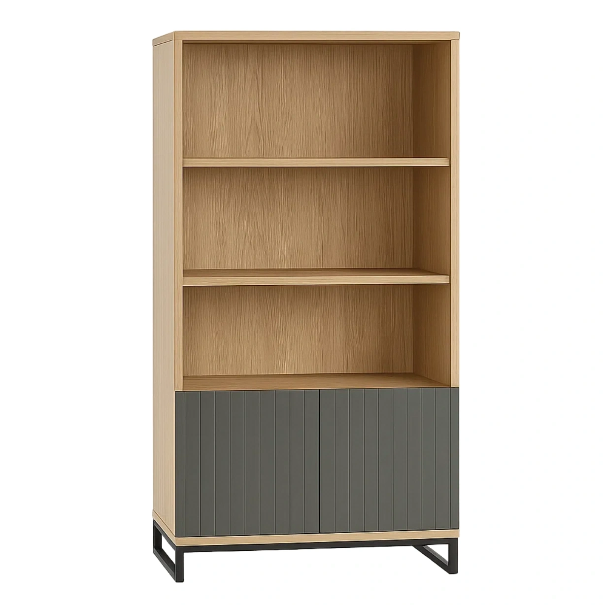 Bücherregal, Holzkonstruktion, 3 Regalböden, graue Holztüren, freistehend, natur-graue Farbe, Maße 80 x 35 x 180 cm - cRdhDRF1FDUn