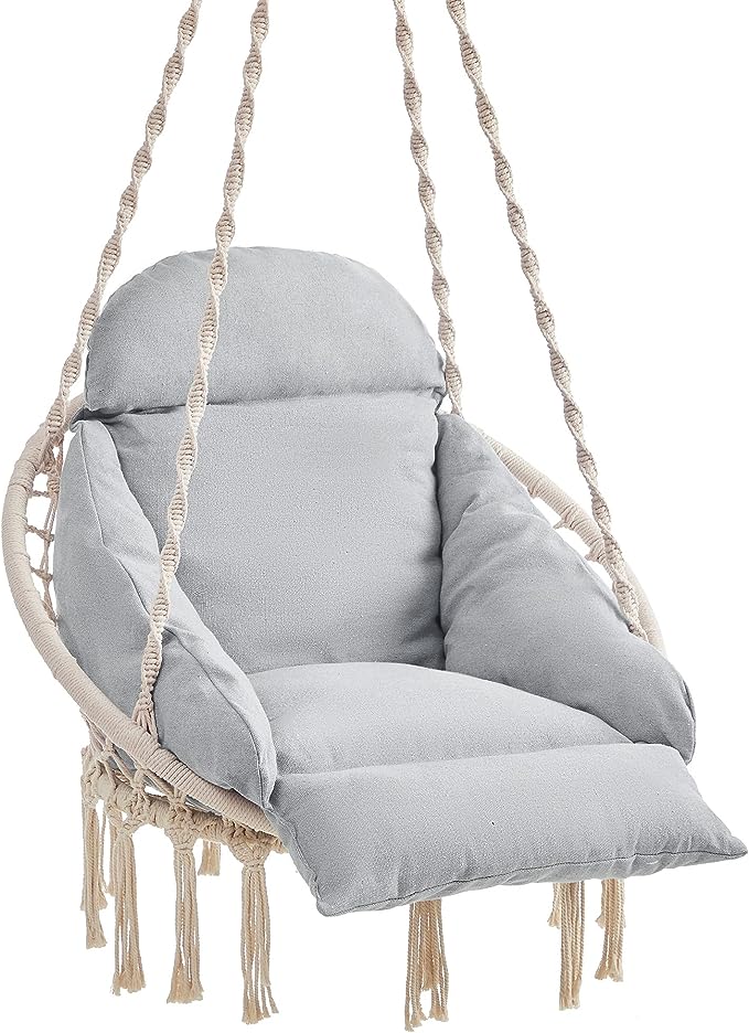 SONGMICS Hammock Chair, Hanging Chair with Large Thick Cushion, Boho Swing Chair for Bedroom, Patio, Balcony, Garden, Living Room, Holds up to 264lb, Cloud White UGDC042M01