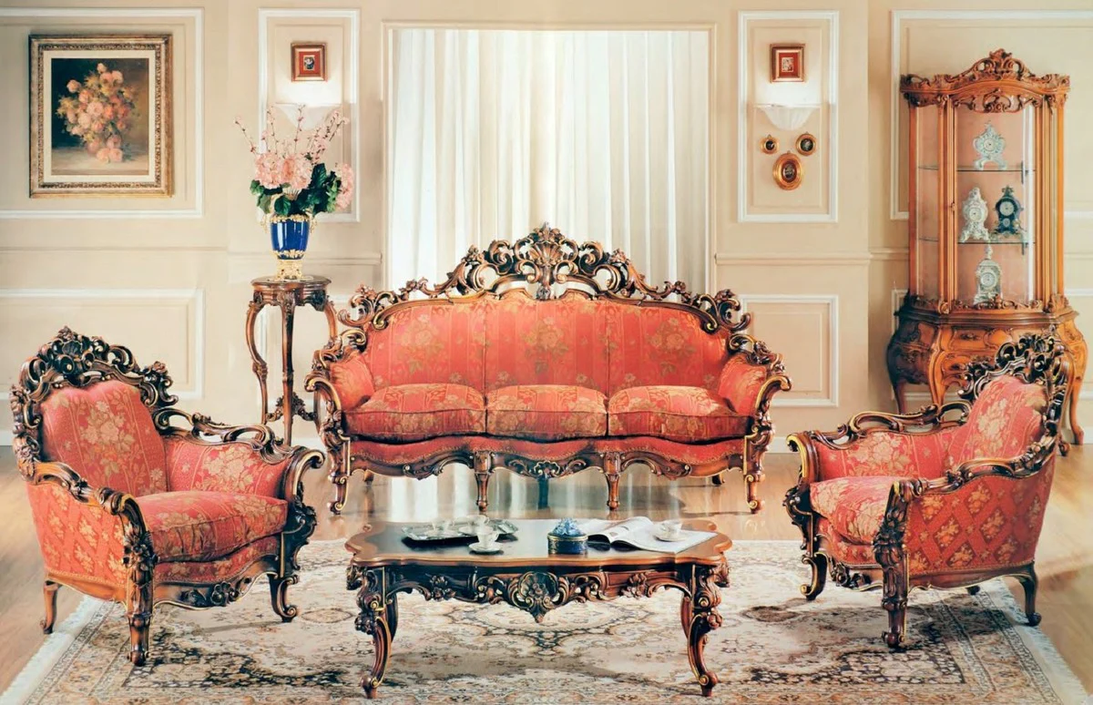 Luxury Baroque Sofa Red / Brown / Gold - Magnificent living room sofa with elegant pattern - Baroque living room & hotel furniture - First class quality - Made in Italy
