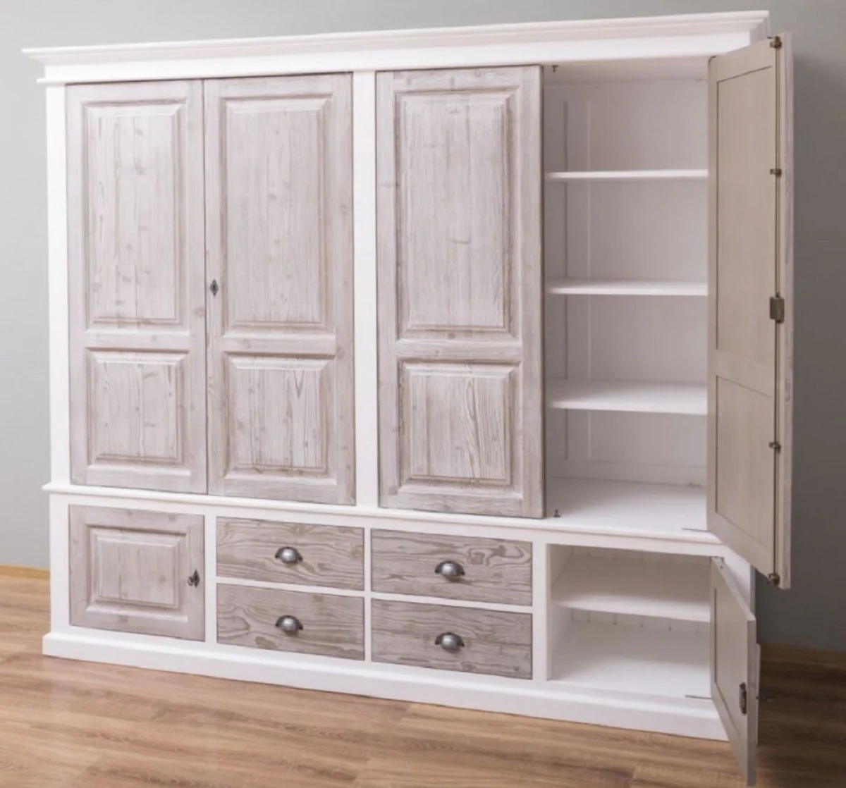 Country house style bedroom wardrobe white / natural colors 232 x 59 x H. 197 cm - solid wood wardrobe with 6 doors and 4 drawers - solid wood bedroom furniture in country house style
