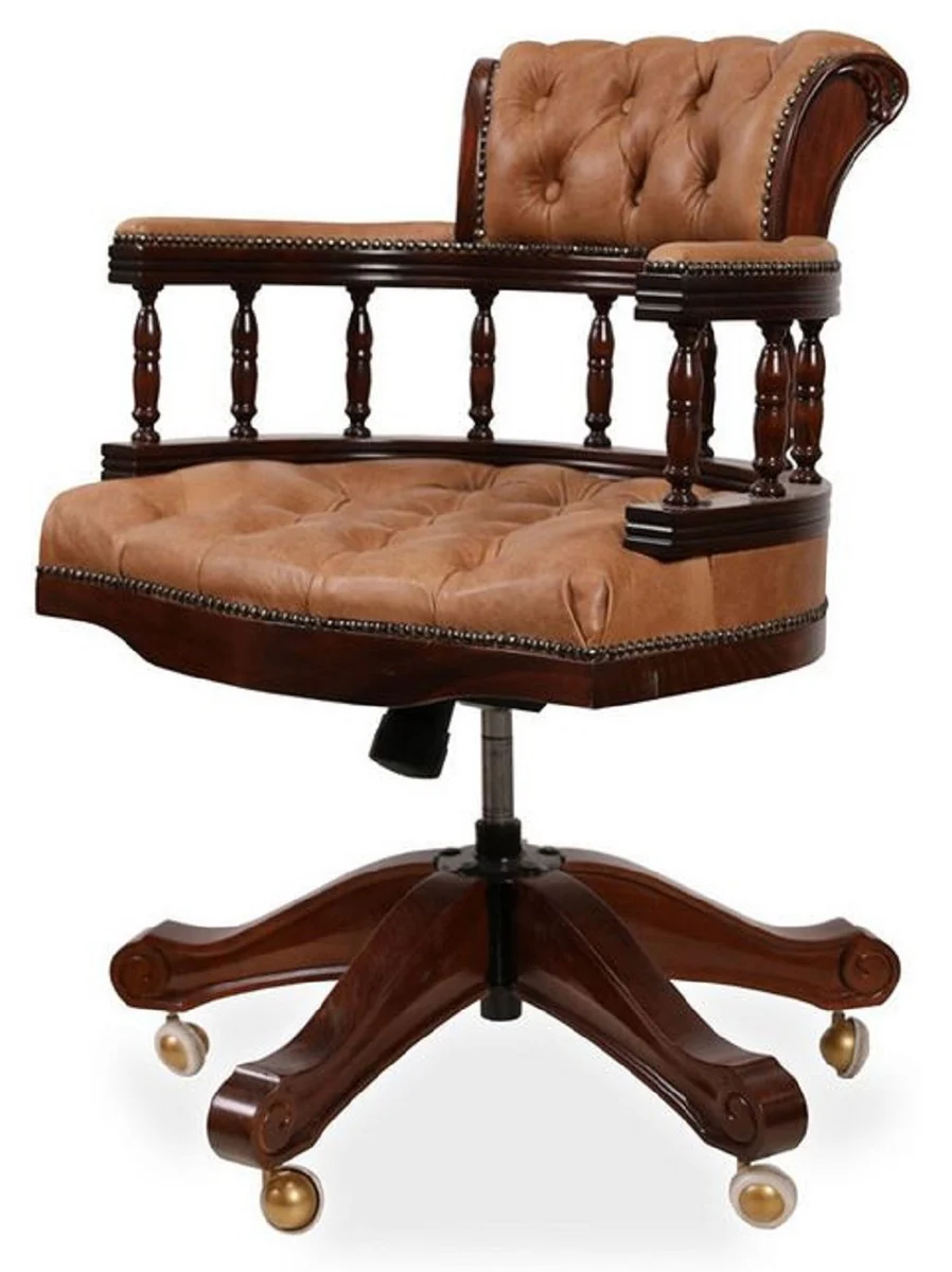 Luxury Baroque Chesterfield Leather Desk Chair Light Brown / Dark Brown - Height-adjustable Genuine Leather Office Chair - Office Furniture - Noble & Magnificent