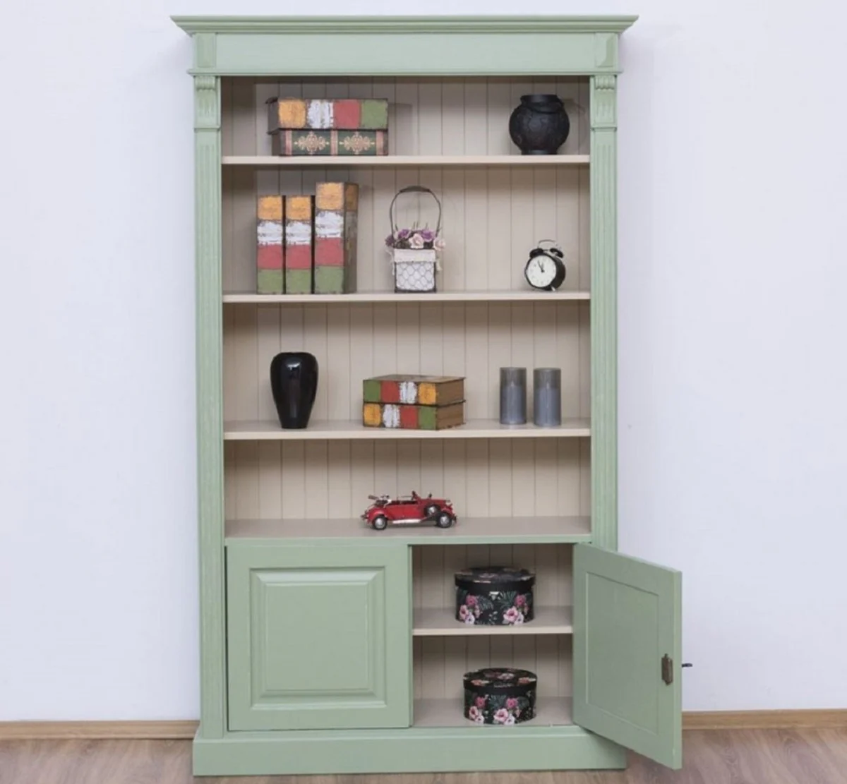 Country house style bookcase green / gray 120 x 39 x H. 197 cm - solid wood cupboard - living room cupboard - office cupboard - country house style furniture