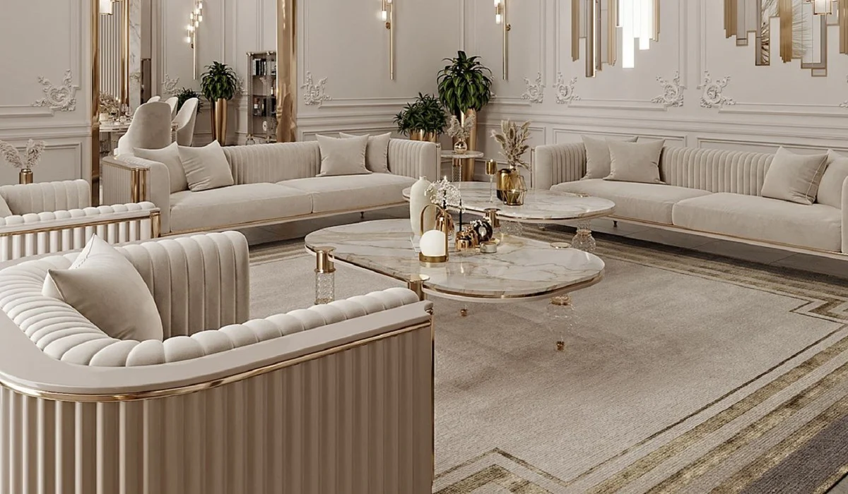 Luxus Art Deco 4er Sofa Grau / Gold