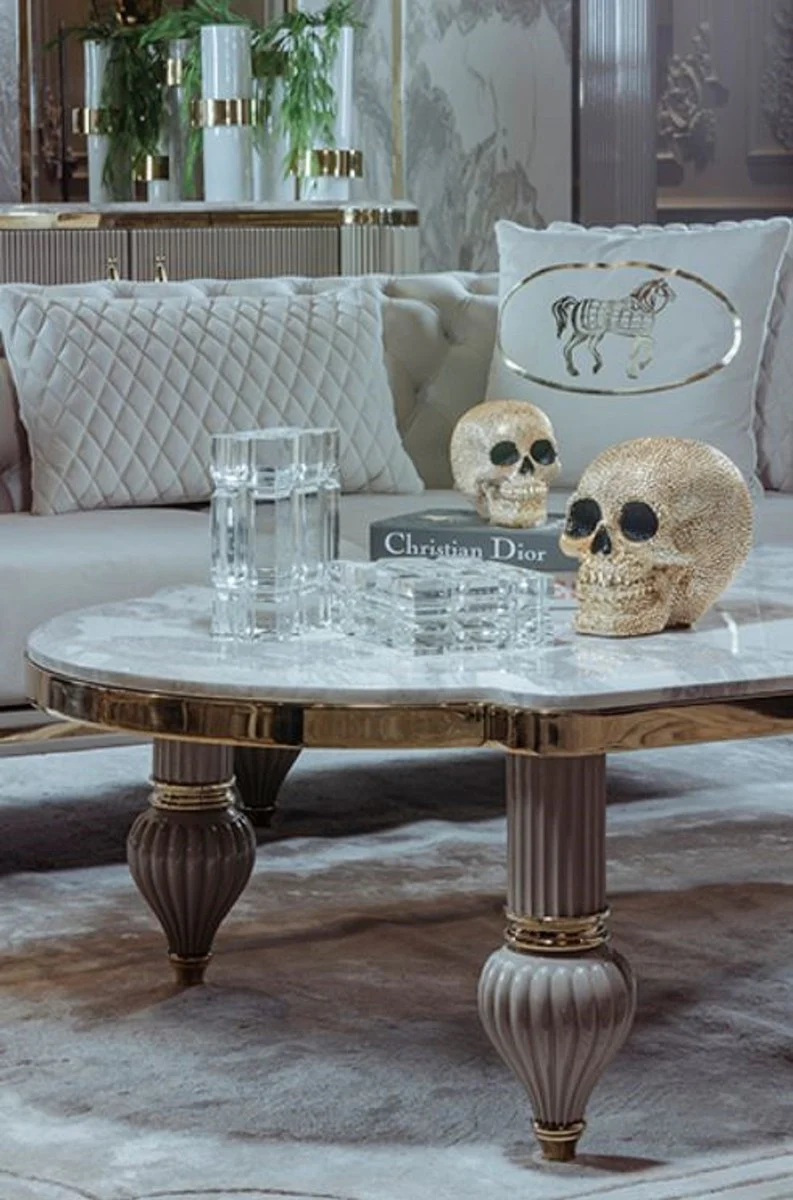 Luxury Art Deco coffee table gray / white / gold 160 x 87 x H. 46 cm - Magnificent solid wood living room table with artificial marble table top - Art Deco living room furniture