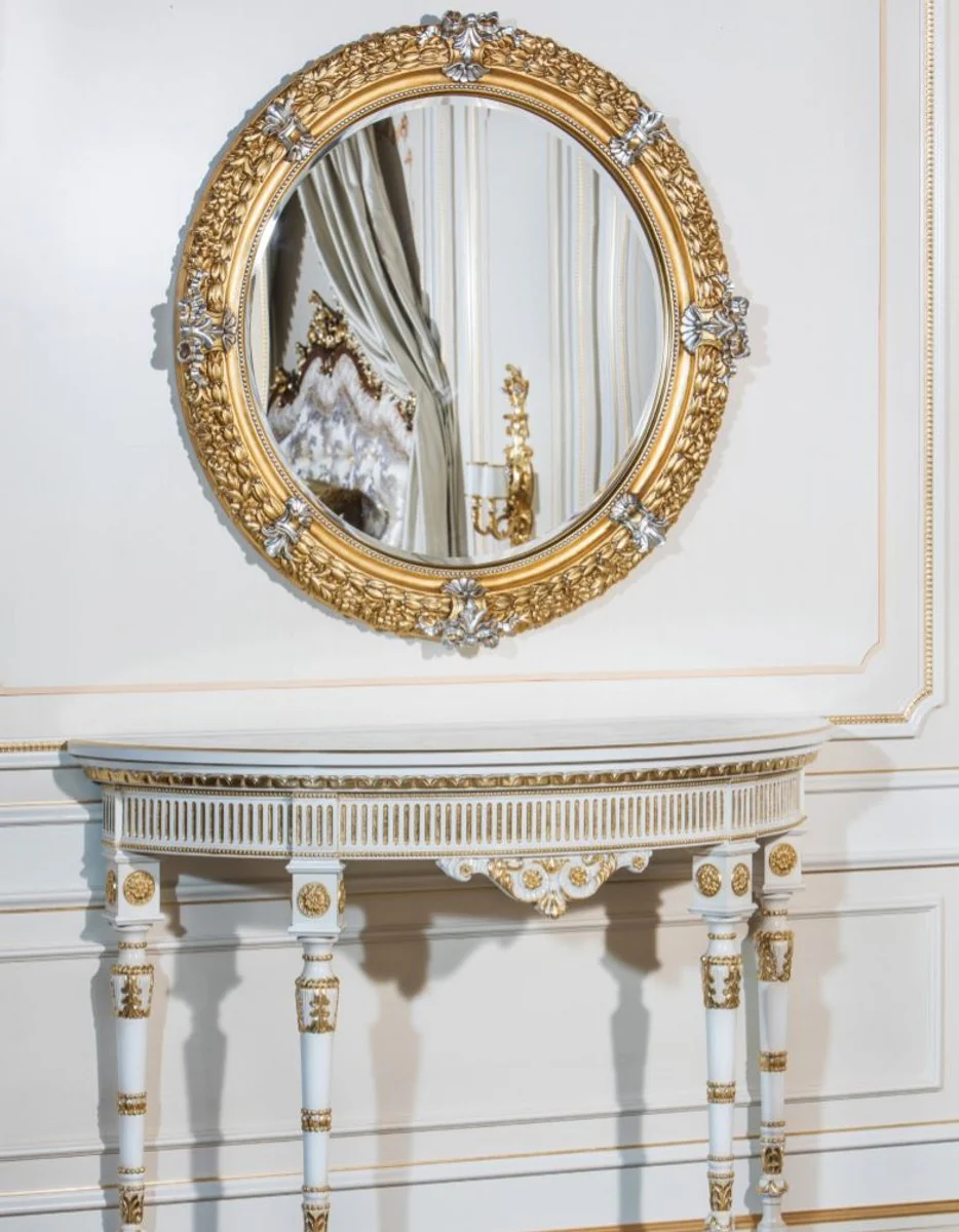 Luxus Barock Spiegel Gold / Silber Ø 103 cm - Prunkvoller handgeschnitzter Wandspiegel im Barockstil - Luxus Qualität - Made in Italy