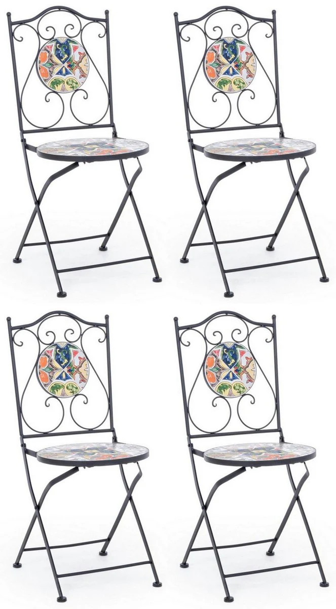 Art Nouveau garden chair set of 4 black / multicolored 39 x 47 x H. 92 cm - folding chairs with elegant ceramic plates - nostalgic garden and catering furniture
