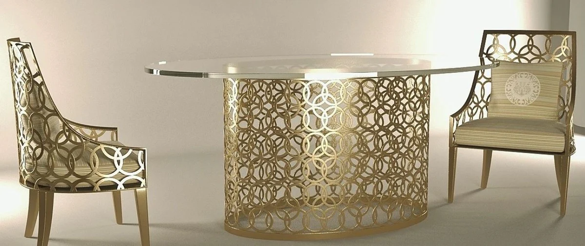 Luxury garden furniture set cream / gold - 1 oval dining table with glass top & 6 chairs with cushions - handmade garden terrace hotel furniture - luxury quality