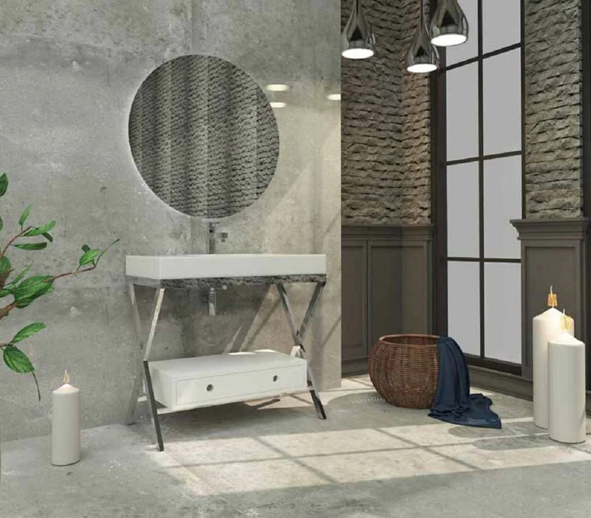 Luxury bathroom set silver / white - 1 washbasin with drawer and 1 sink and 1 LED wall mirror - luxury quality