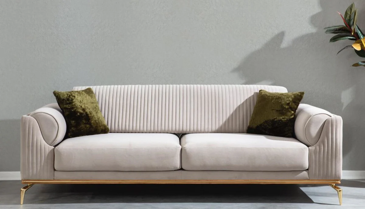 Luxury Art Deco sofa light gray / brown / gold 230 x 100 x H. 92 cm - Noble living room sofa with decorative pillows - Luxury Art Deco furniture