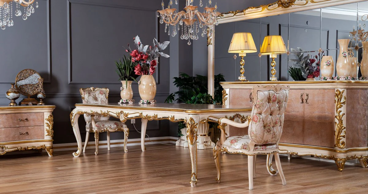 Luxury baroque chest of drawers beige / white / gold - magnificent solid wood cabinet with 2 drawers - baroque furniture