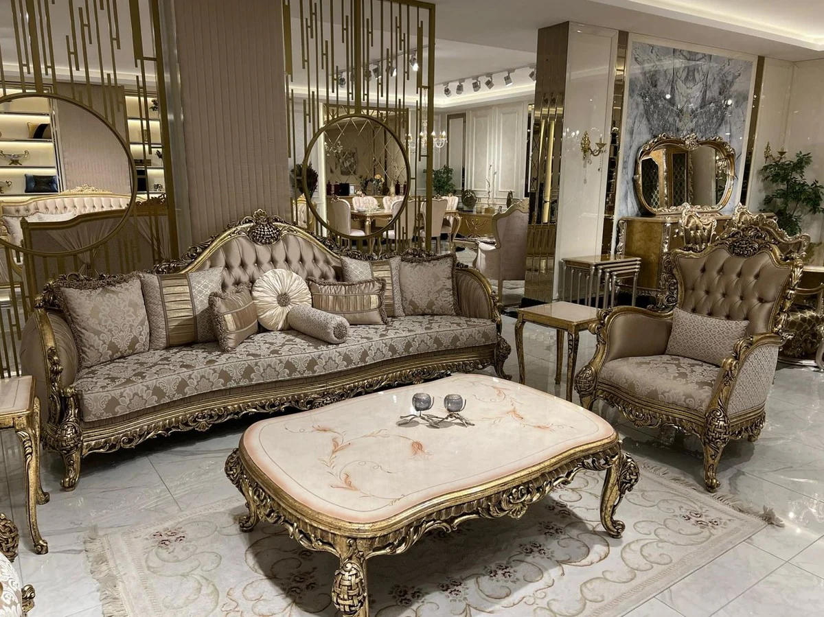 Luxury Baroque Sofa Brown / White / Gold - Handmade living room sofa with elegant pattern and decorative pillows - Magnificent living room furniture in baroque style