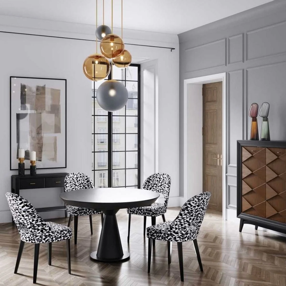 Luxury Art Deco dining room chair set of 6 white / gray / black 49 x 61 x H. 89 cm - Art Deco kitchen chairs with pattern - dining room furniture - luxury furniture - Art Deco furniture - luxury furnishings