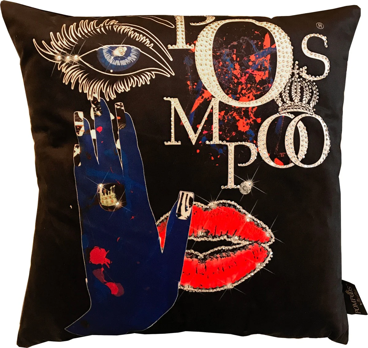 Harald Glööckler Designer Decorative Cushion Pompöös by with Glitter Stones Eyes & Lips Black - Art Collection -