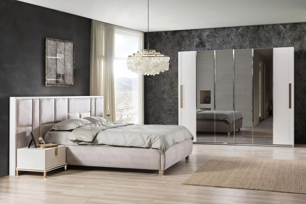Luxury bedroom wardrobe white / gold 260 x 70 x H. 220 cm - Mirrored solid wood wardrobe with 2 sliding doors - Luxury bedroom furniture