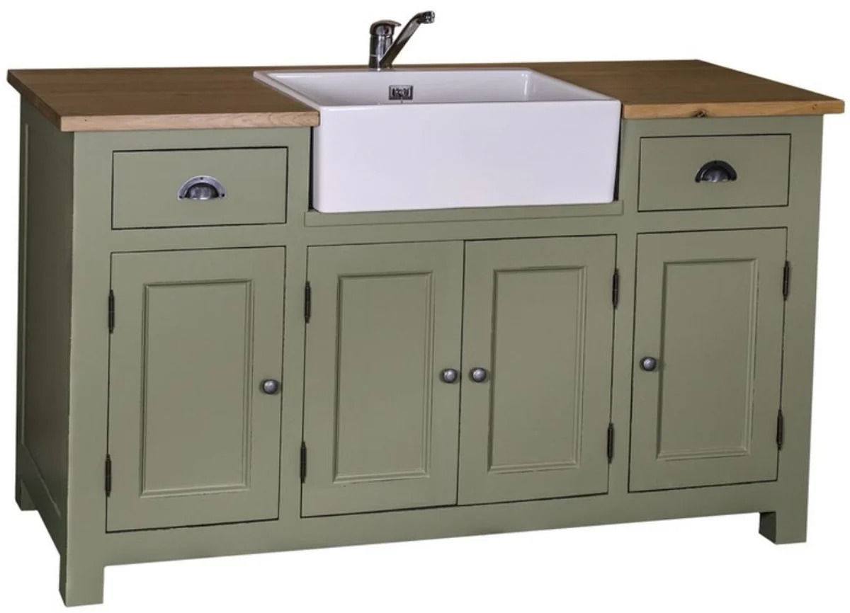 Country house style washbasin cabinet green / natural colors 155 x 65 x H. 90 cm - washbasin with 4 doors and 2 drawers