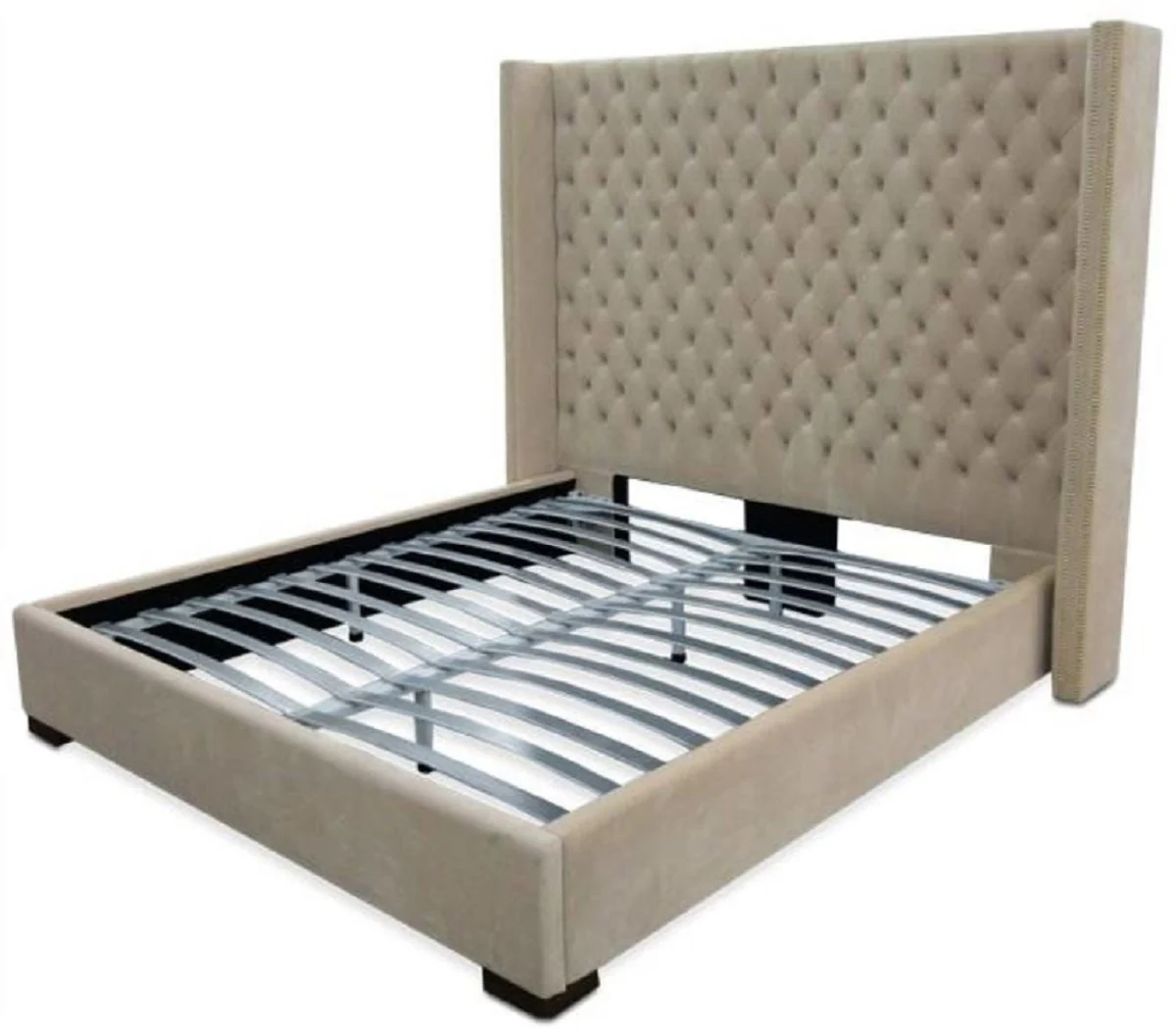 Luxury velvet double bed sand / black 220 x 218 x H. 180 cm - solid wood bed with elegant Chesterfield headboard - bedroom furniture