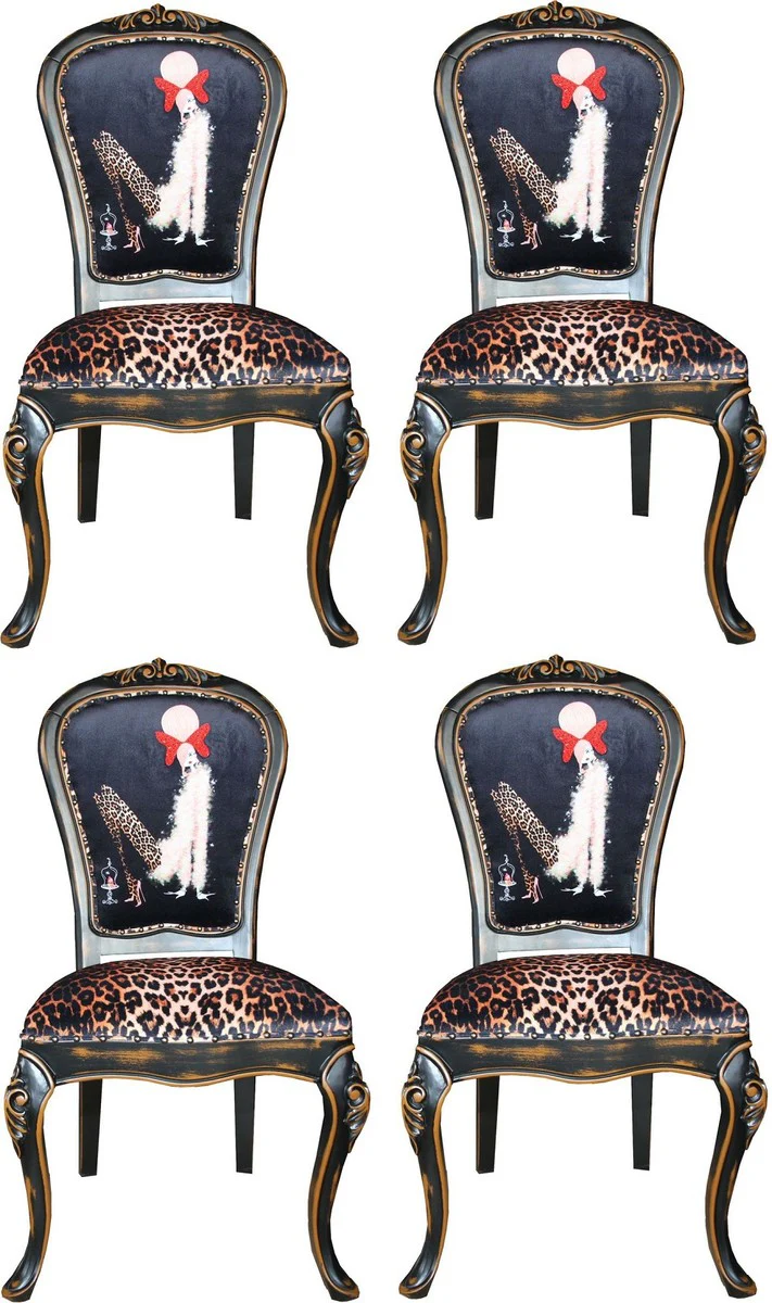Luxury baroque dining room set lady with high heels leopard / black / brown 50 x 50 x H. 110 cm - 4 handmade dining chairs - baroque furniture