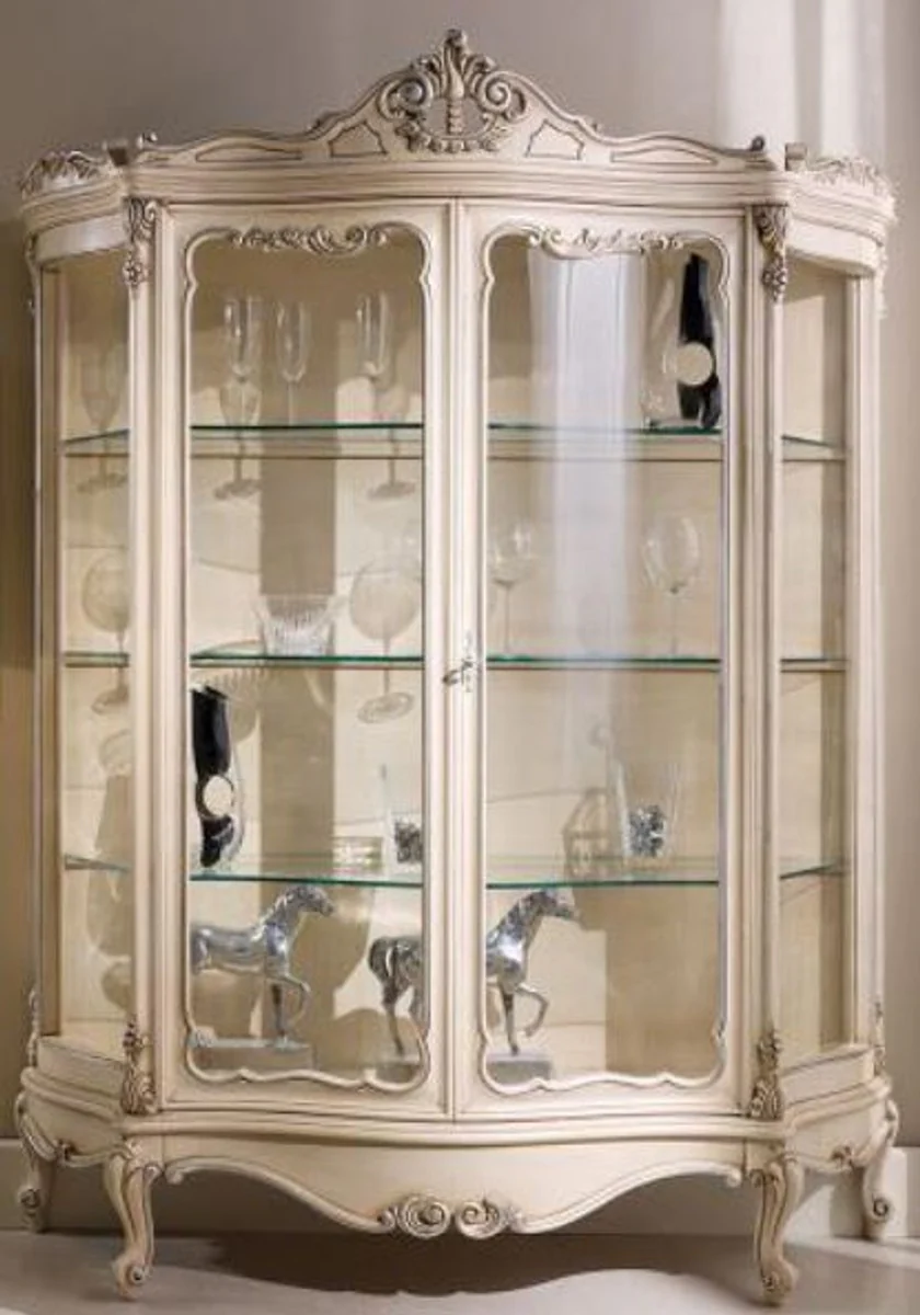 Luxury baroque display cabinet cream / silver 146 x 50 x H. 190 cm - Magnificent baroque display cabinet with 2 glass doors - baroque living room furniture