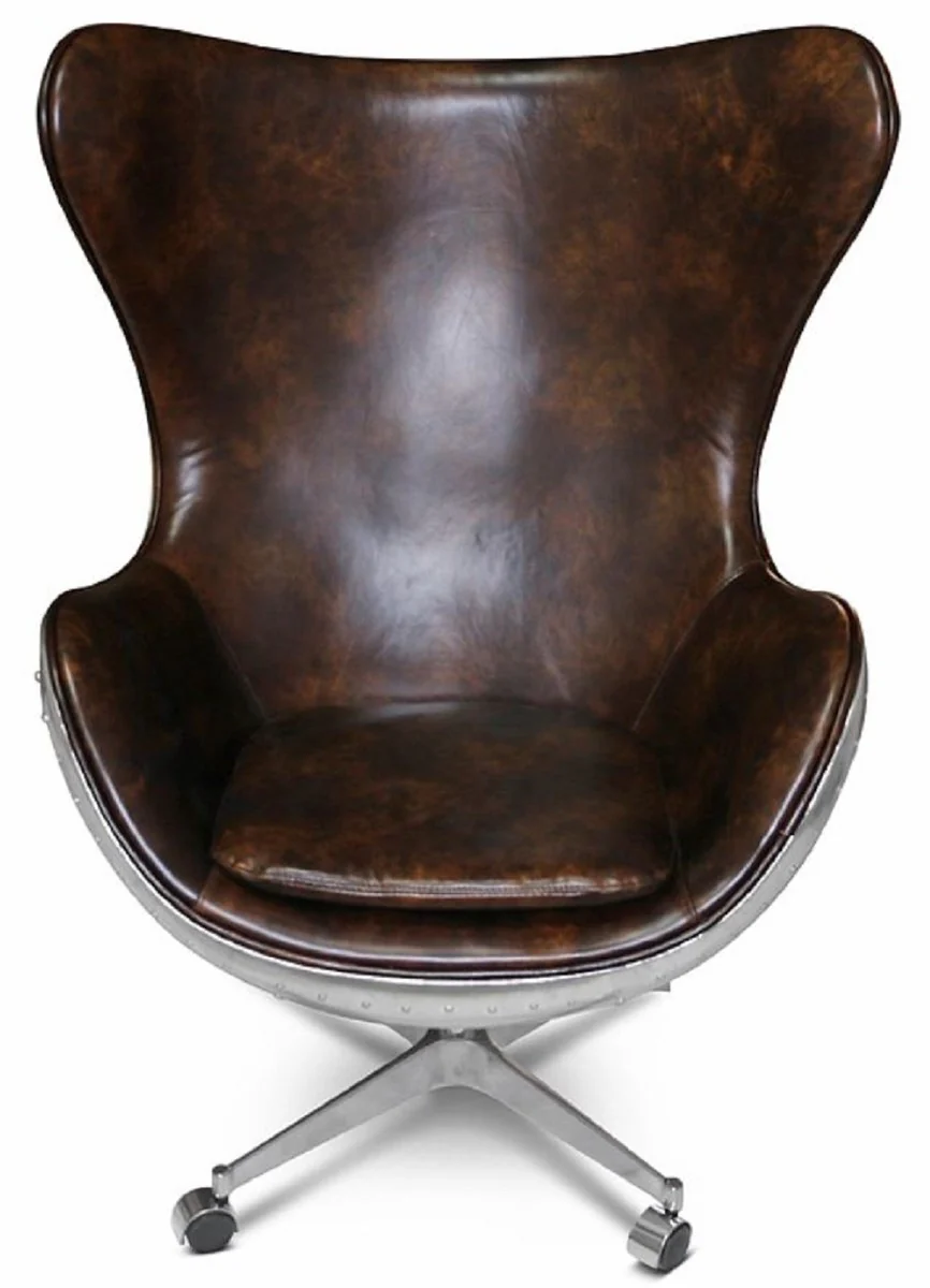 Real leather swivel armchair dark brown / silver 85 x 78 x H. 112 cm - leather armchair in egg shape - club armchair - lounge armchair - aluminum aircraft aviator furniture