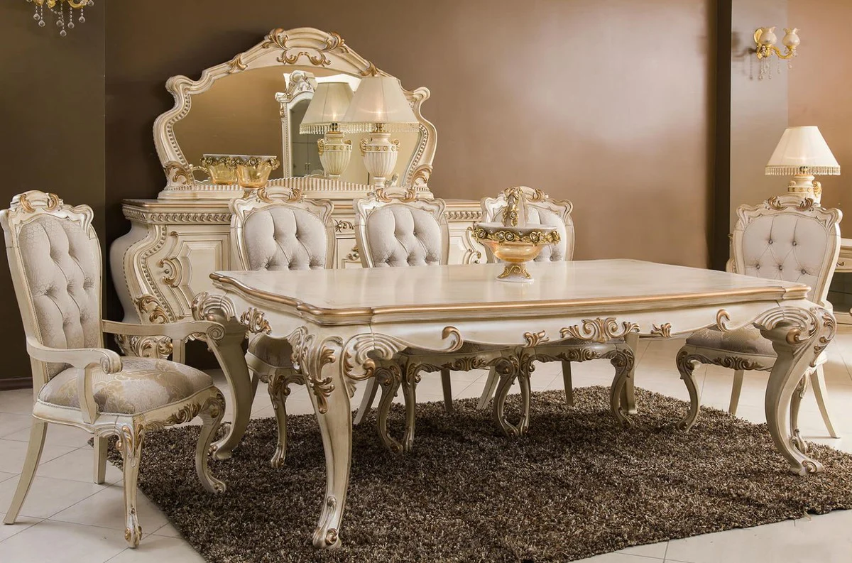 Luxury Baroque Dining Room Set Cream / Gold - 1 Baroque Dining Table & 6 Baroque Dining Chairs - Baroque Dining Room Furniture - Luxury Furniture in Baroque Style - Noble & Magnificent