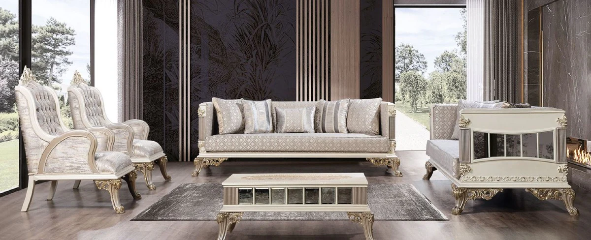 Luxus Barock Wohnzimmer Set Silber / Weiß / Grau / Gold - 2 Barock Sofas & 2 Barock Sessel & 1 Barock Couchtisch - Luxus Wohnzimmer Möbel im Barockstil - Barock Möbel