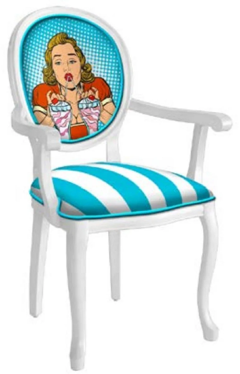 Baroque dining room chair turquoise / multicolored / white - handmade antique style chair with armrests - dining room furniture in baroque style