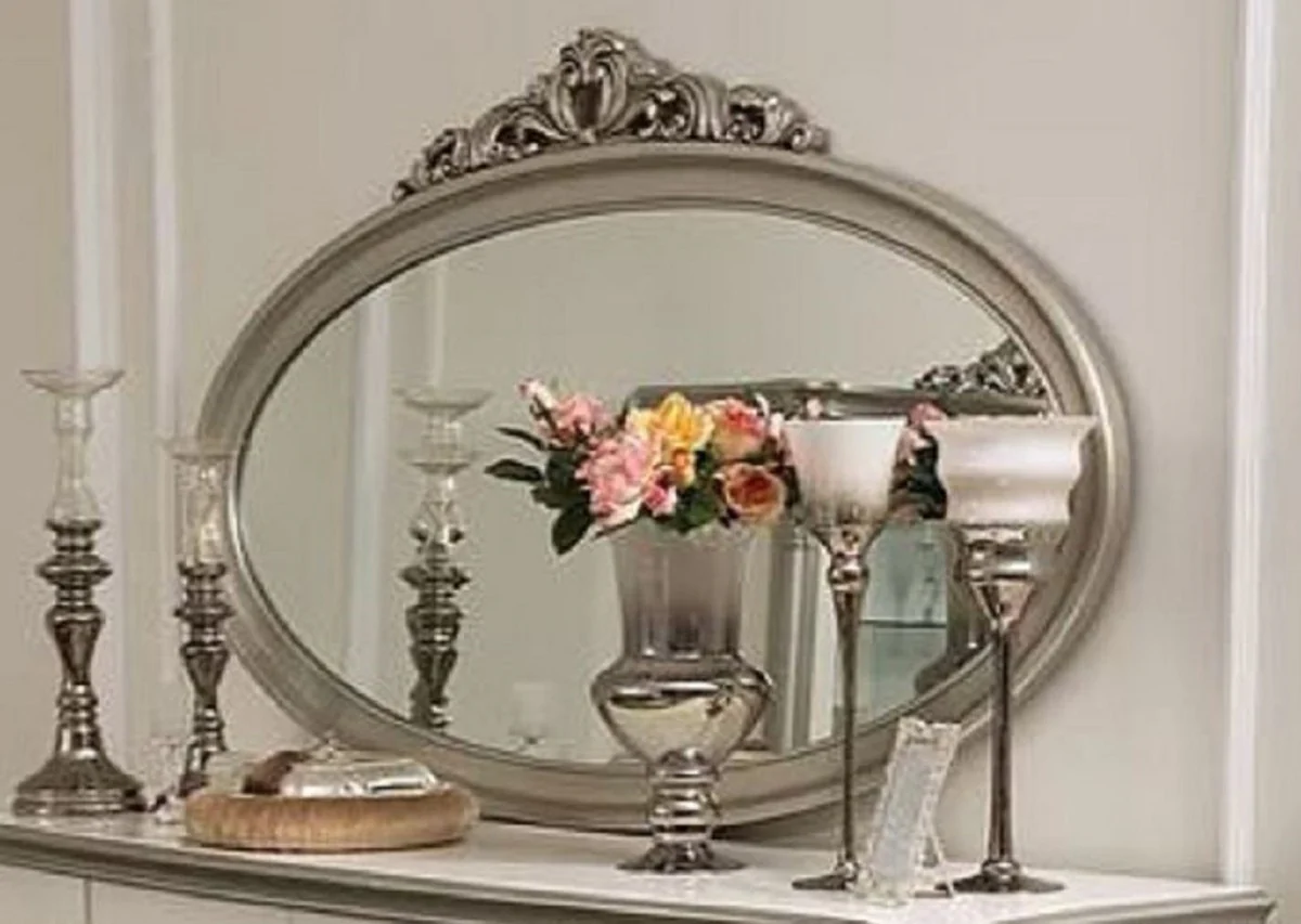 Luxury Baroque Mirror Silver - Oval Solid Wood Wall Mirror in Baroque Style - Baroque Furniture - Noble & Magnificent