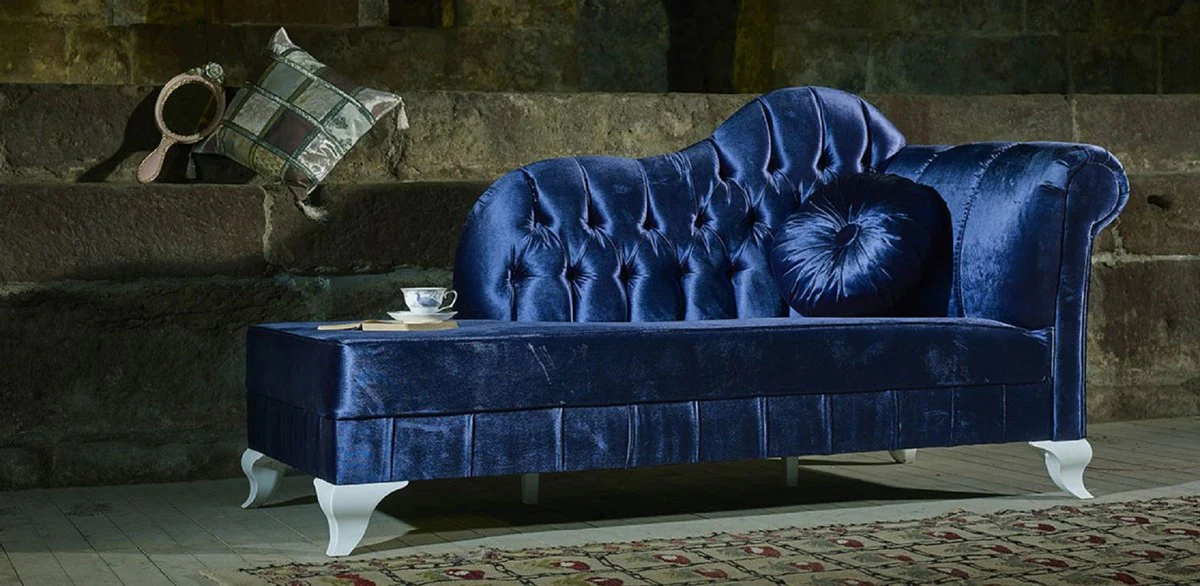 Luxury Baroque Chaise Longue Blue / White - Handcrafted solid wood chaise longue with elegant velvet fabric and decorative cushions - Baroque furniture - Noble & magnificent