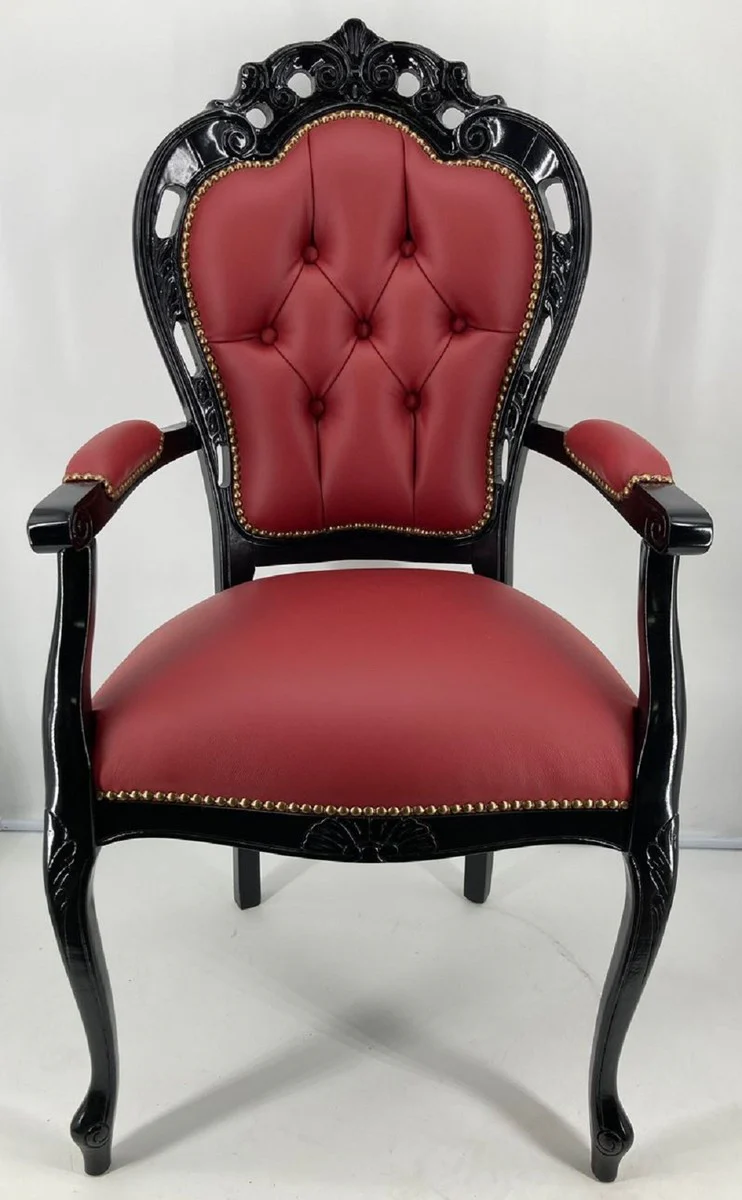 Luxus Barock Leder Esszimmerstuhl mit Armlehnen Bordeauxrot / Schwarz - Prunkvoller Echtleder Stuhl im Barockstil - Barock Esszimmer Möbel - Luxus Qualität - Made in Italy