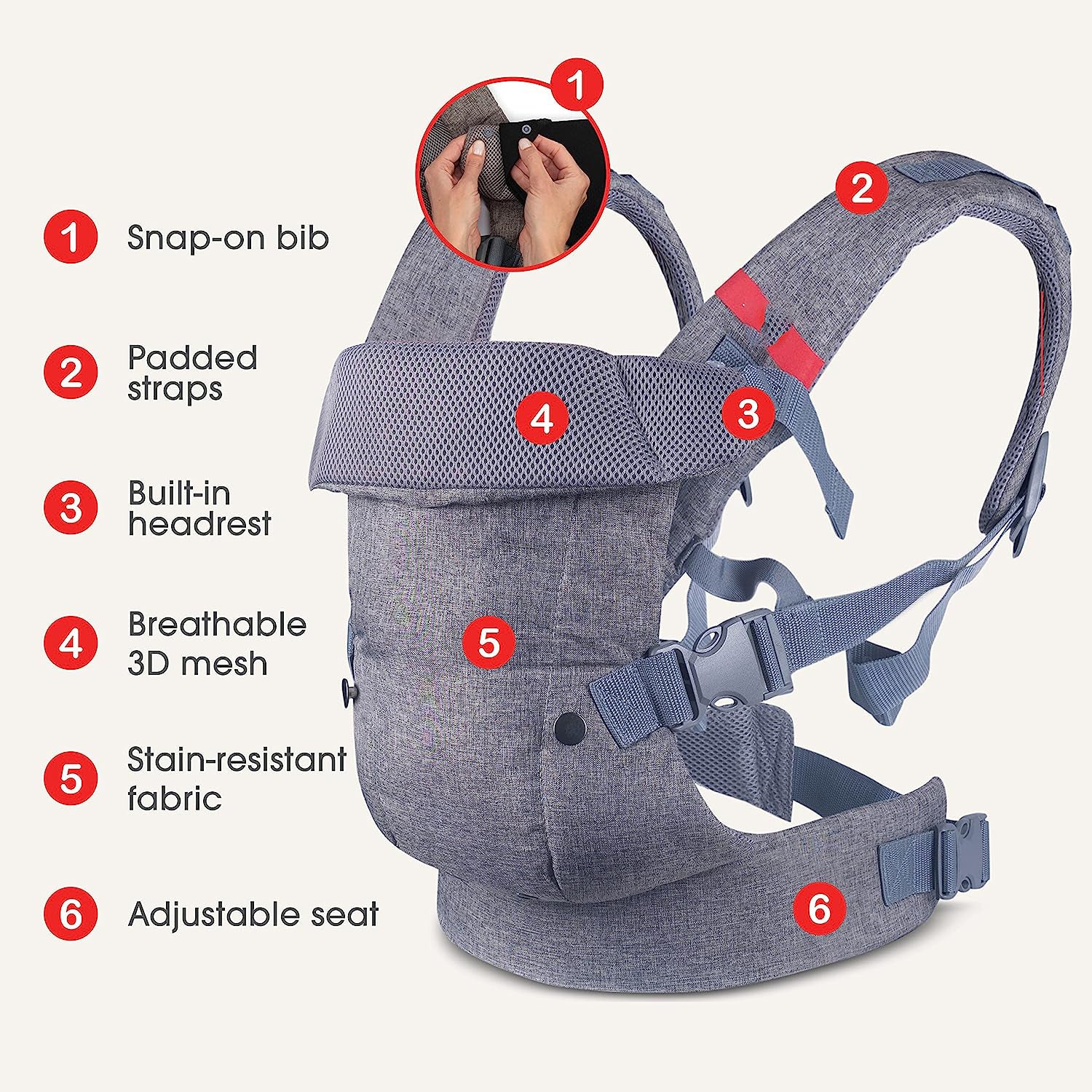 4-in-1-Babytrage für Neugeborene bis Kleinkinder – Baby-Brusttrage in allen Positionen – Babytragen vorne und hinten – inklusive 2-in-1-Bandana-Lätzchen – Babytrage für 3,6–15,6 kg (graues Netz)