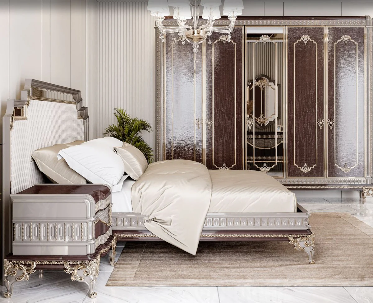 Luxury baroque double bed and 2 nightstands gray / dark brown / gold