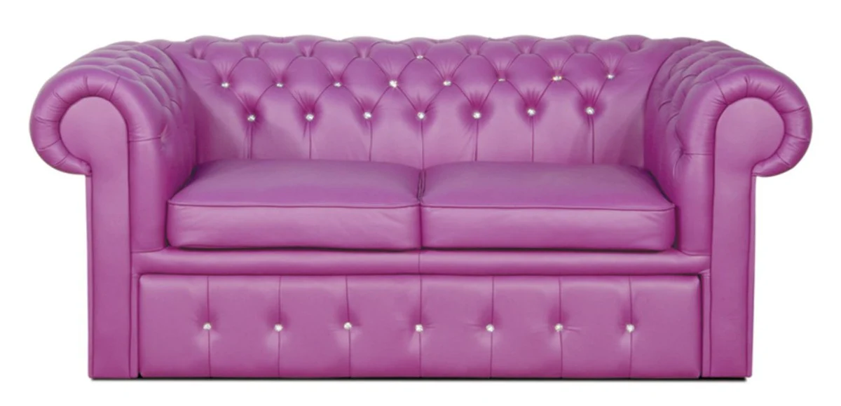 Real leather 2-seater sofa in purple with Swarowski crystal stones 180 x 100 x H. 78 cm - luxury Chesterfield sofa bed