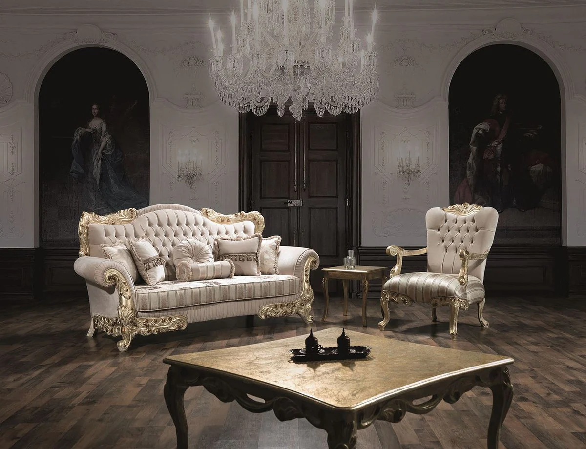 Luxury baroque sofa with rhinestones and decorative pillows beige / gold 230 x 85 x H. 110 cm - baroque living room furniture