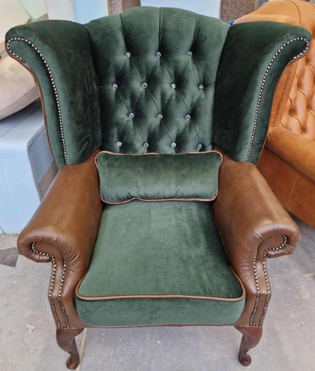 Luxury Chesterfield wing chair green / brown 98 x 90 x H. 110 cm - Chesterfield living room armchair with glittering stones - Living room furniture - Chesterfield furniture - Luxury furniture