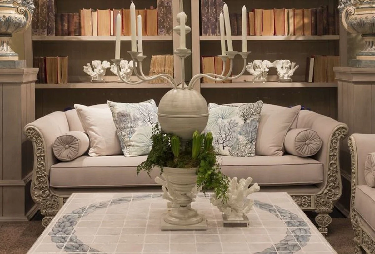 Luxury Baroque Sofa Light Gray / Gray 220 x 100 x H. 80 cm - Hand-forged wrought iron sofa with cushions - Living room sofa - Garden sofa - Patio sofa - Baroque furniture