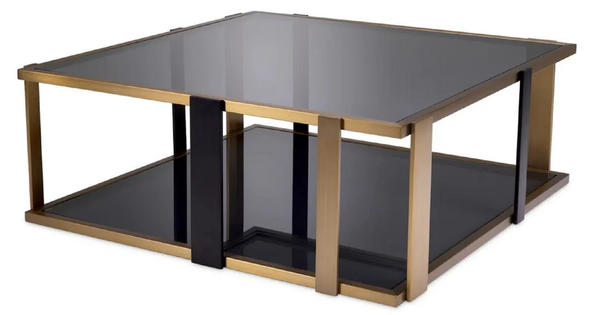 Luxury coffee table brass / black / gray 102.5 x 102.5 x H. 38 cm - Square living room table with glass tops - Living room furniture - Hotel furniture - Luxury furniture - Luxury quality