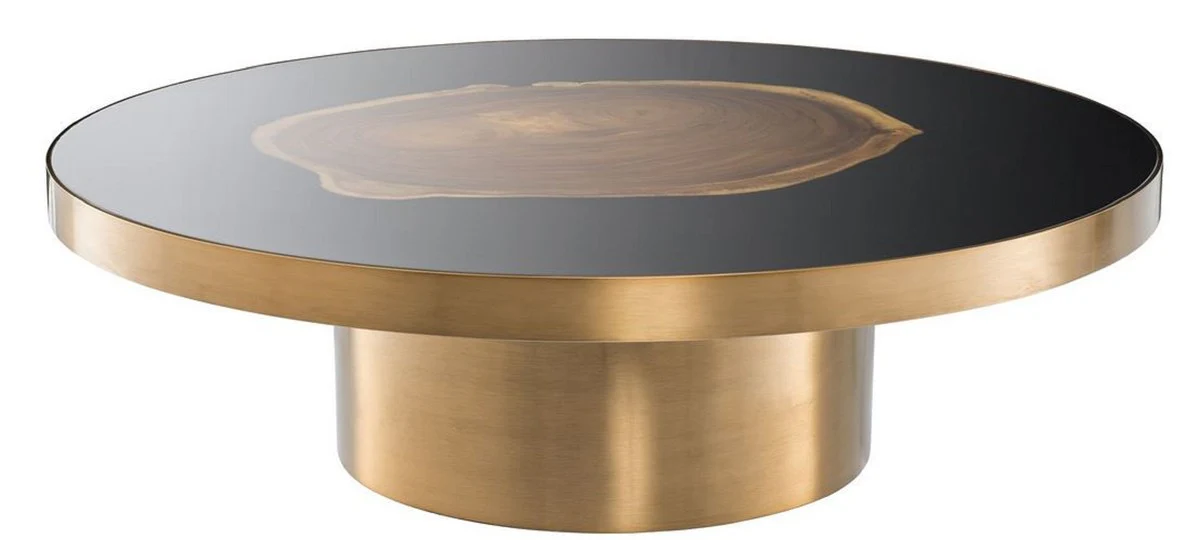 Luxury coffee table brass / black / brown Ø 120 x H. 34 cm - Round stainless steel living room table with Suar wood tree disc - Luxury furniture
