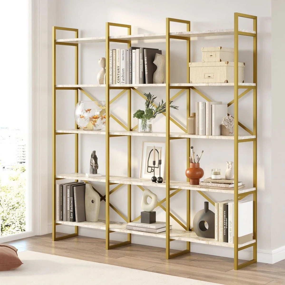 Luxury shelf cabinet with marble shelves gold / white 170 x 30 x H. 175 cm - bookcase - living room cabinet - office cabinet - living room furniture - office furniture - luxury furniture