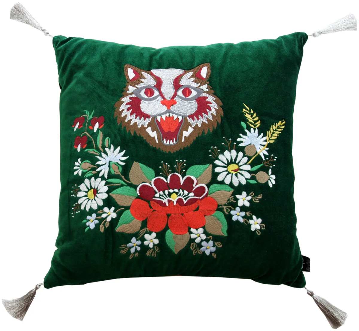 Luxus Deko Kissen mit Troddeln Cat Grün / Weiß 45 x 45 cm - Feinster Samtstoff - Wohnzimmer Kissen