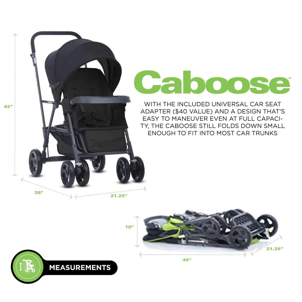 Caboose Sitz- und Stand-Doppelkinderwagen mit Rücksitzbank und Stehplattform, 3-Wege-Liegesitzen, optionalem Rücksitz und universellem Autositzadapter (schwarz)